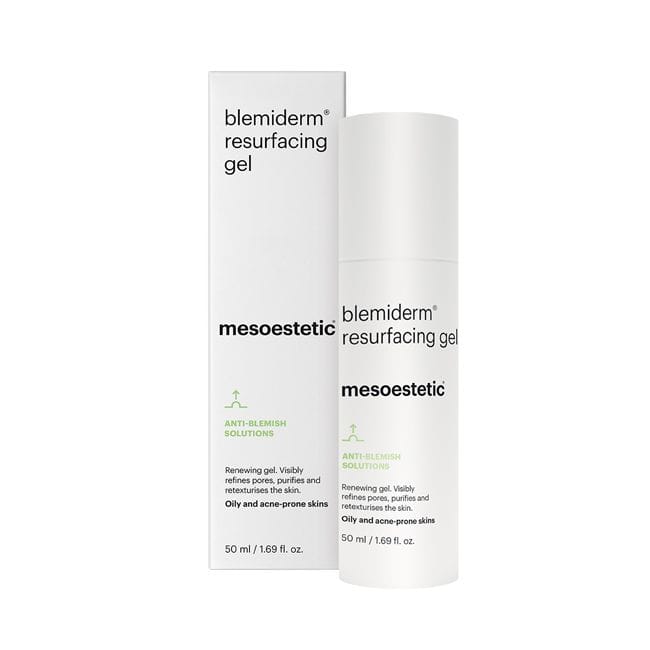 blemiderm® resurfacing gel ANTI-BLEMISH SOLUTIONS Regenerierendes Gel für Mischhaut, fettige und zu Akne neigende Haut. Verfeinert die Poren, reinigt die Haut und verleiht ihr eine bessere Struktur. Gel mit Salicylsäure und Glykolsäure. 50 ml