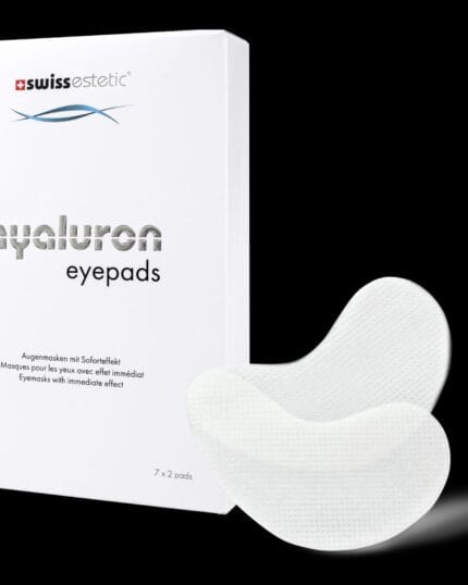 Verpackung und einzelne Pads der swissestetic Hyaluron Eyepads – feuchtigkeitsspendende Augenpads mit Soforteffekt, 7 × 2 Stück.