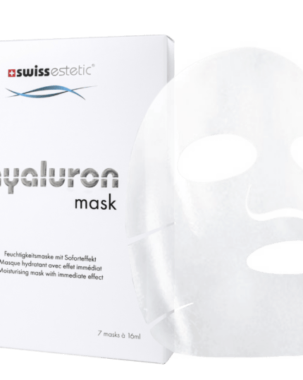 Verpackung und Tuchmaske der swissestetic Hyaluron Mask – feuchtigkeitsspendende Gesichtsmaske mit Soforteffekt, 7 × 16 ml.