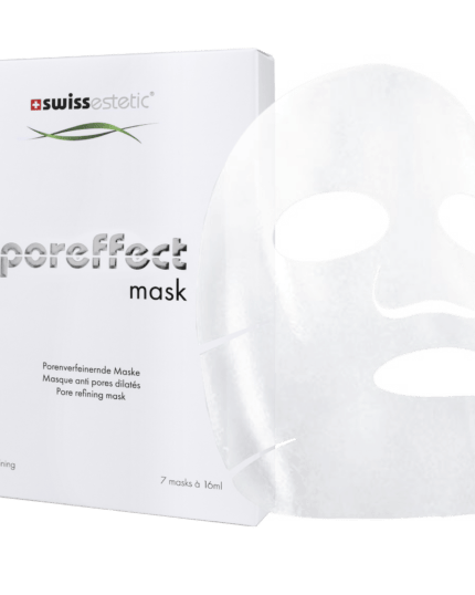 swissestetic poreffect mask – porenverfeinernde Vliesmaske mit klärendem Soforteffekt, Verpackung mit Maske, 7 × 16 ml.
