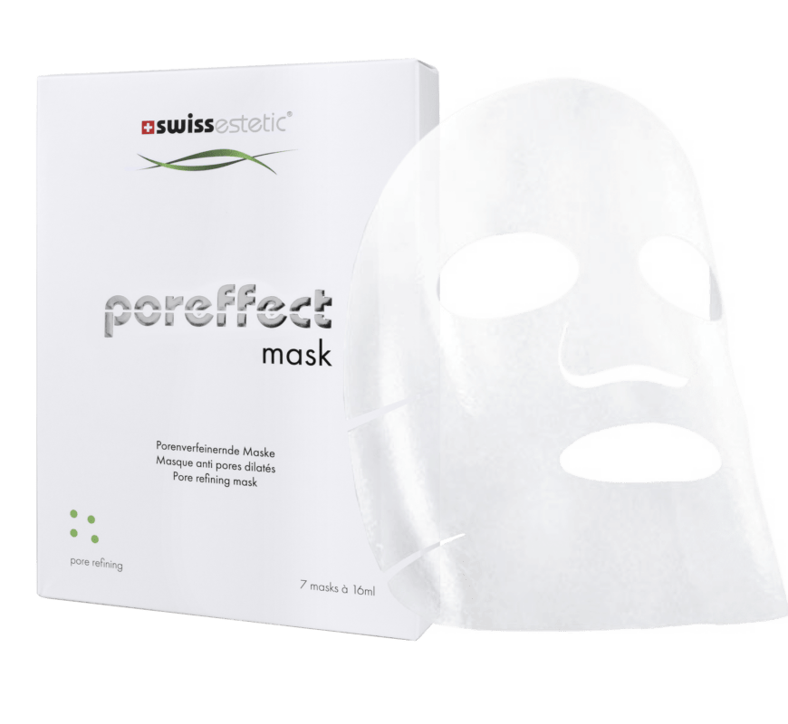 swissestetic poreffect mask – porenverfeinernde Vliesmaske mit klärendem Soforteffekt, Verpackung mit Maske, 7 × 16 ml.