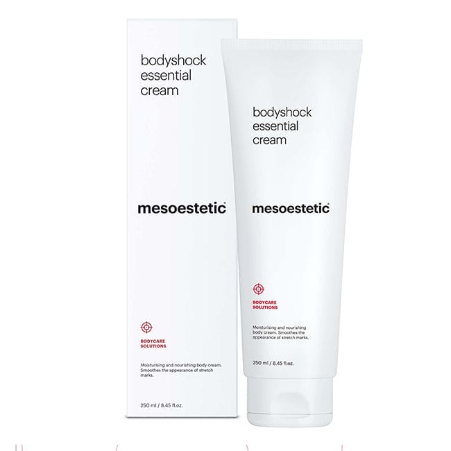 bodegon_bodyshock_essential_cream bodyshock® essential cream BODYCARE SOLUTIONS Feuchtigkeitsspendende und nährende Körpercreme. Vermindert das Auftreten von Dehnungsstreifen. 250 ml