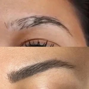 Vorher-Nachher-Bild einer Augenbrauenbehandlung mit Vitaminbrows-Technik.