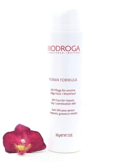 BIODROGA PURAN FORMULA 24h Pflege in Salongrösse mit 200 ml für unreine, ölige Haut und Mischhaut – erhältlich bei Mel’s Beauty & Academy.