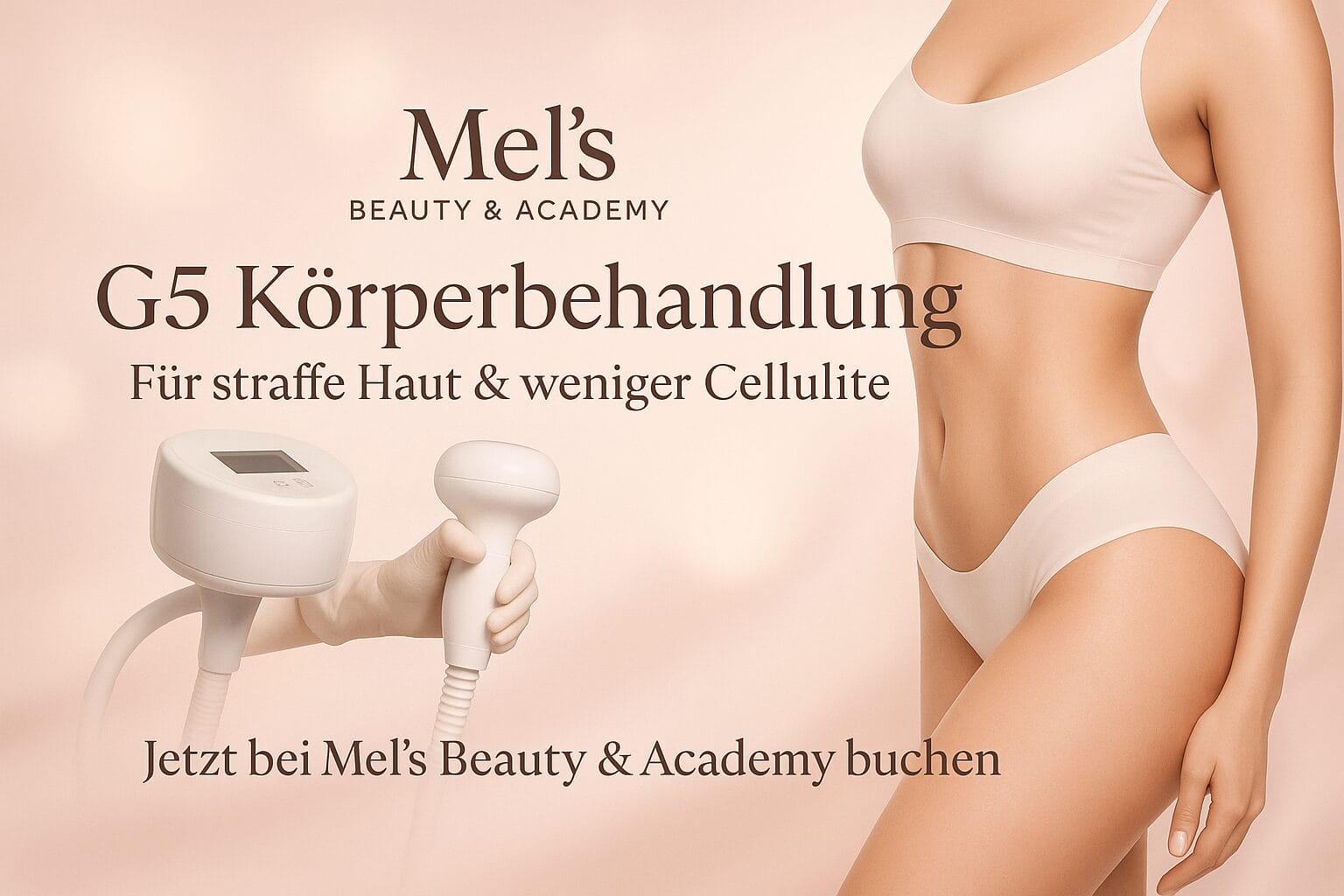 Werbebanner für Mel’s Beauty & Academy mit einer Frau in hautfarbener Unterwäsche, G5 Gerät in der Hand, Text: G5 Körperbehandlung – Für straffe Haut & weniger Cellulite – Jetzt bei Mel’s Beauty & Academy buchen.