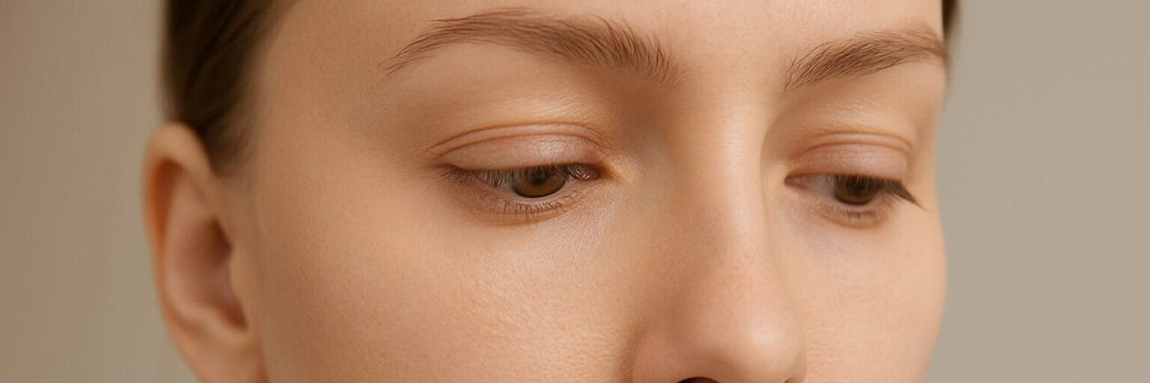 Nahaufnahme einer Frau mit trockener, schuppiger Haut auf der Wange – Darstellung typischer Symptome bei Feuchtigkeitsmangel. Bild für Mel’s Beauty & Academy.